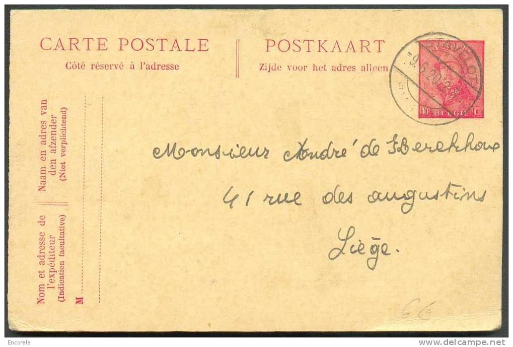 EP Carte 10c Entimes Casqué Obl; Càd Pont De STAVELOT Le 9-6-1920 Vers Liège.  - 5393 - Postcards 1909-1934