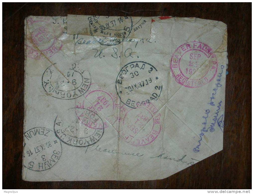 R!,United States,Air Mail Sticker,Par Avion Label,Aero Post,Registered Letter,Officialy Opened,Different Stamps,Serbia - 1c. 1918-1940 Storia Postale