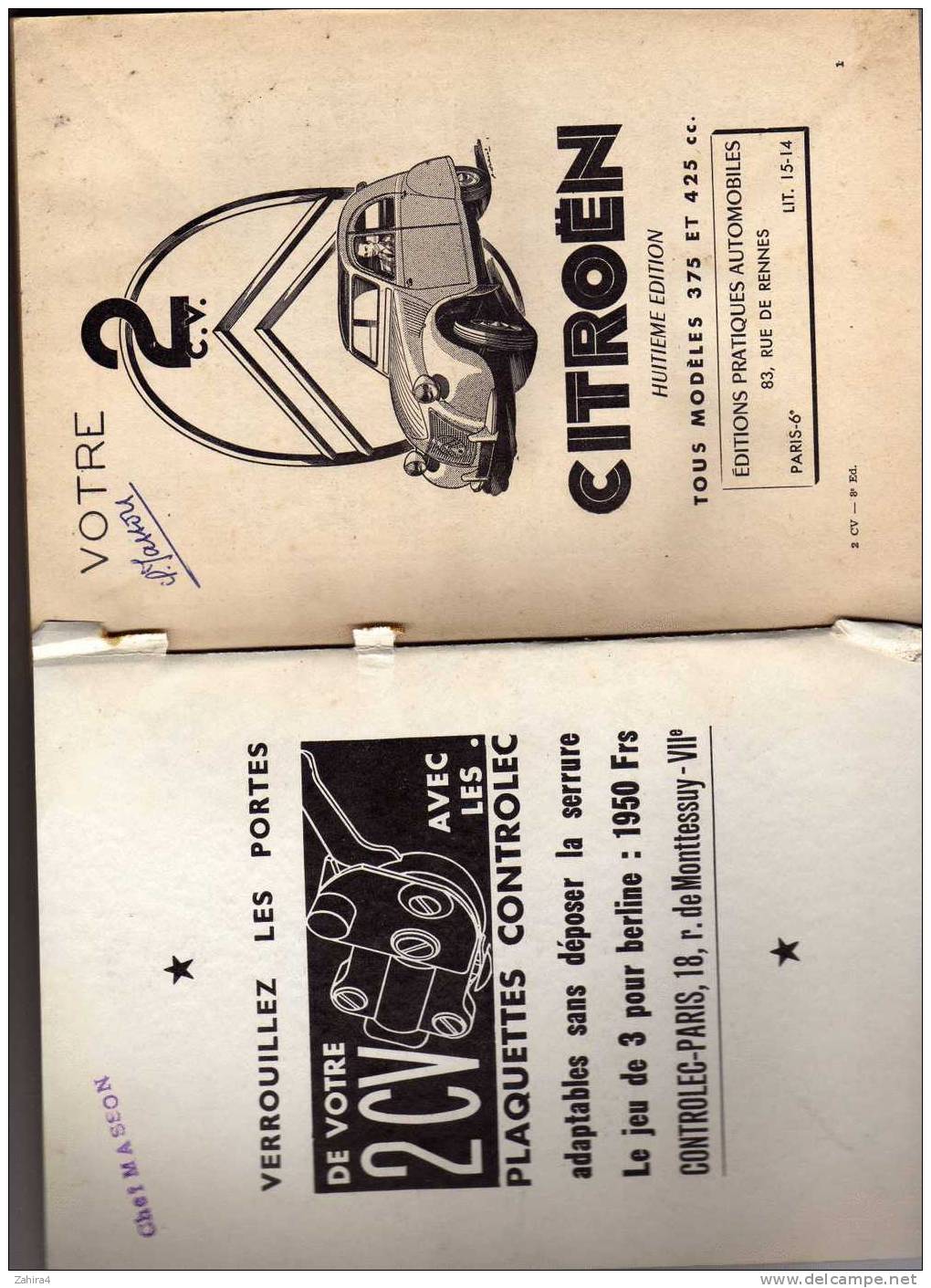 2 CV  CITROEN  -  1949 à 1957 -  8em Edition De 1958 - Auto