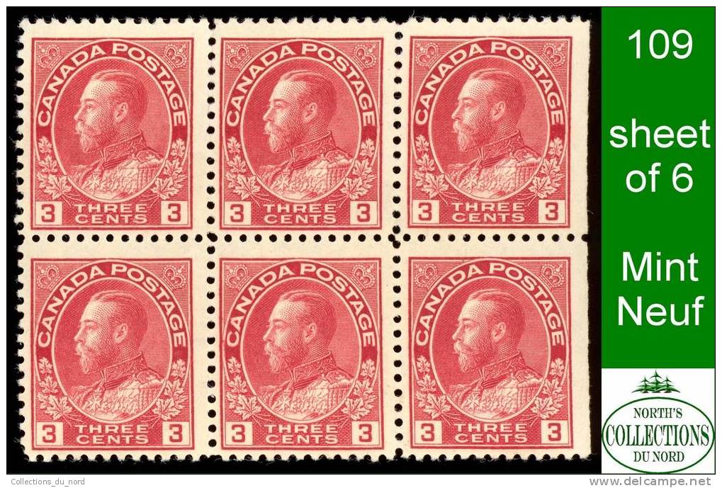 Canada (Unitrade & Scott # 109 Sheet Of 6 Stamps - Admiral Issue) (Mint) VF - Neufs