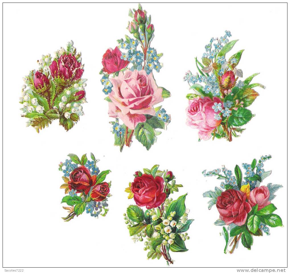 6 JOLIS BOUQUETS CHROMOS DECOUPIS DE ROSES - Fleurs