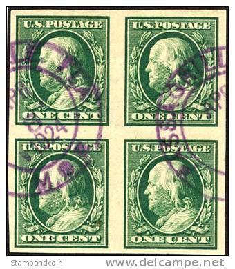 US #383 XF Used 1c Imperf Franklin Block Of 4  From 1910 - Oblitérés