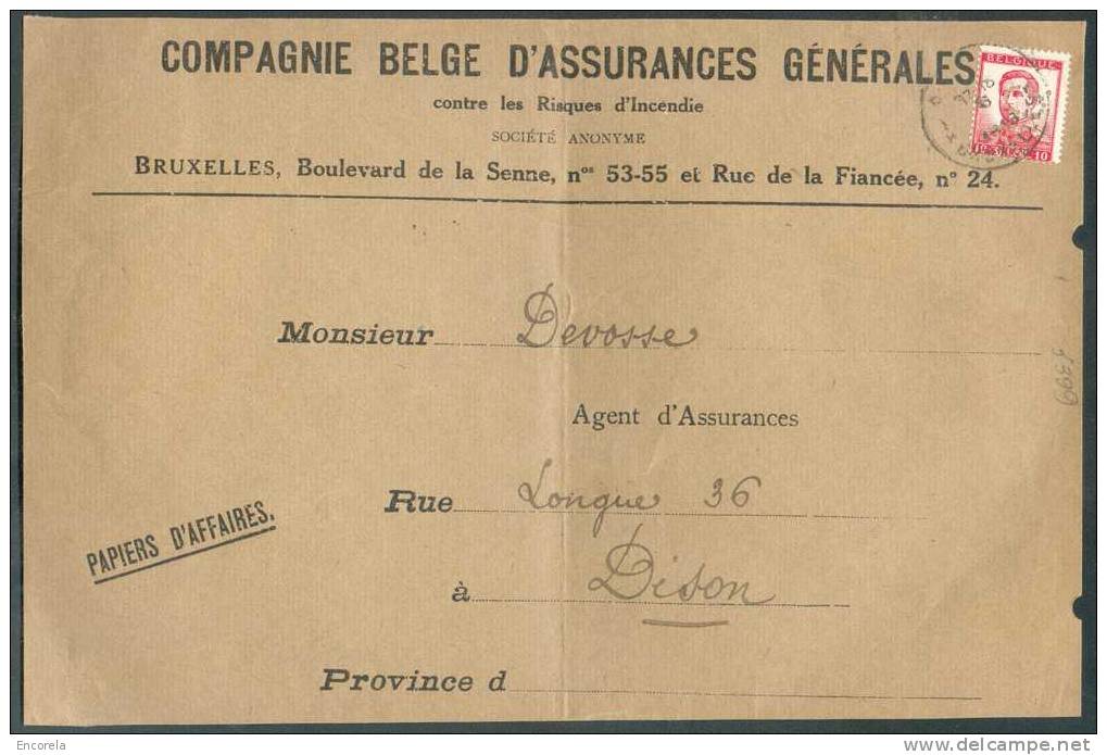 10 Centimes Pellens (perforé : Cie Générale Des Assurances) Obl. Sc BRUXELLES S/papiers D'affaires Vers Dison Et Renvoyé - Other & Unclassified