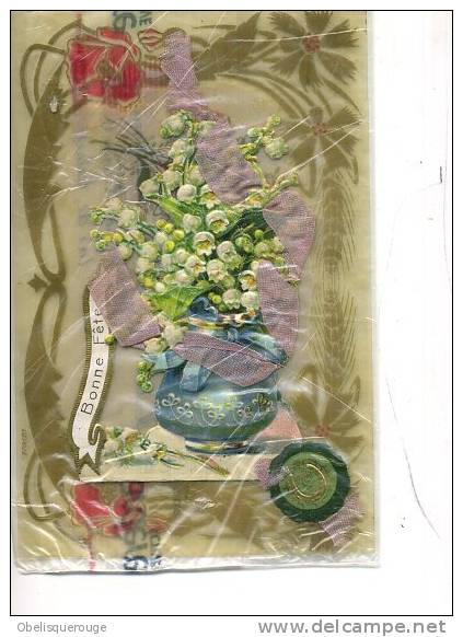 CELLULO  COLLAGE ET AJOUTIS  FLEUR MUGUET ET BRILLANT RUBAN     BONNE FETE VERS 1908 - Mother's Day