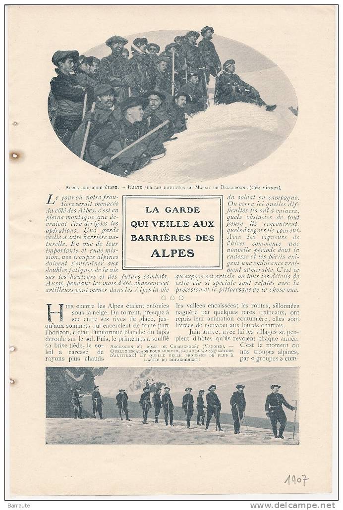 Feuillet Article Actualité De 1907 " La Garde Qui Veille  LES CHASSEURS ALPINS"  Superbe Et Rare. - Documenti