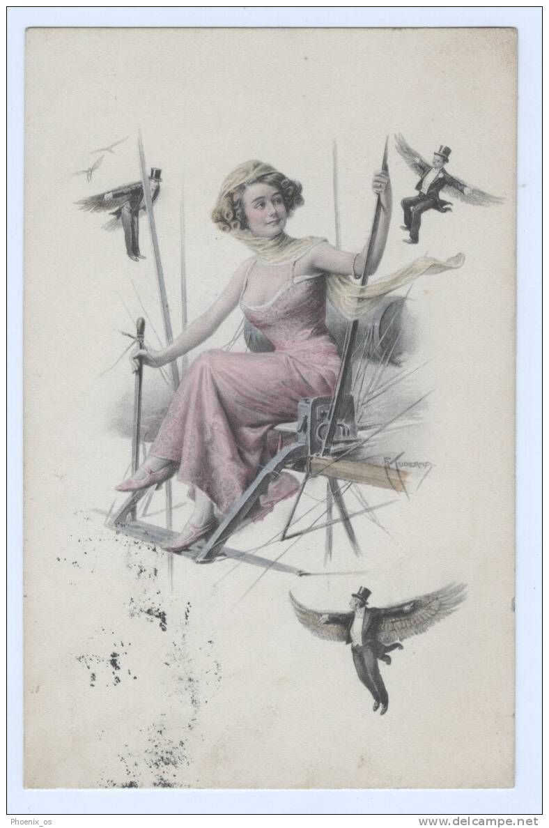 BALLOONS - DIRIGIBLE, Alegoria, Lady & Flyers, 1911. - Globos