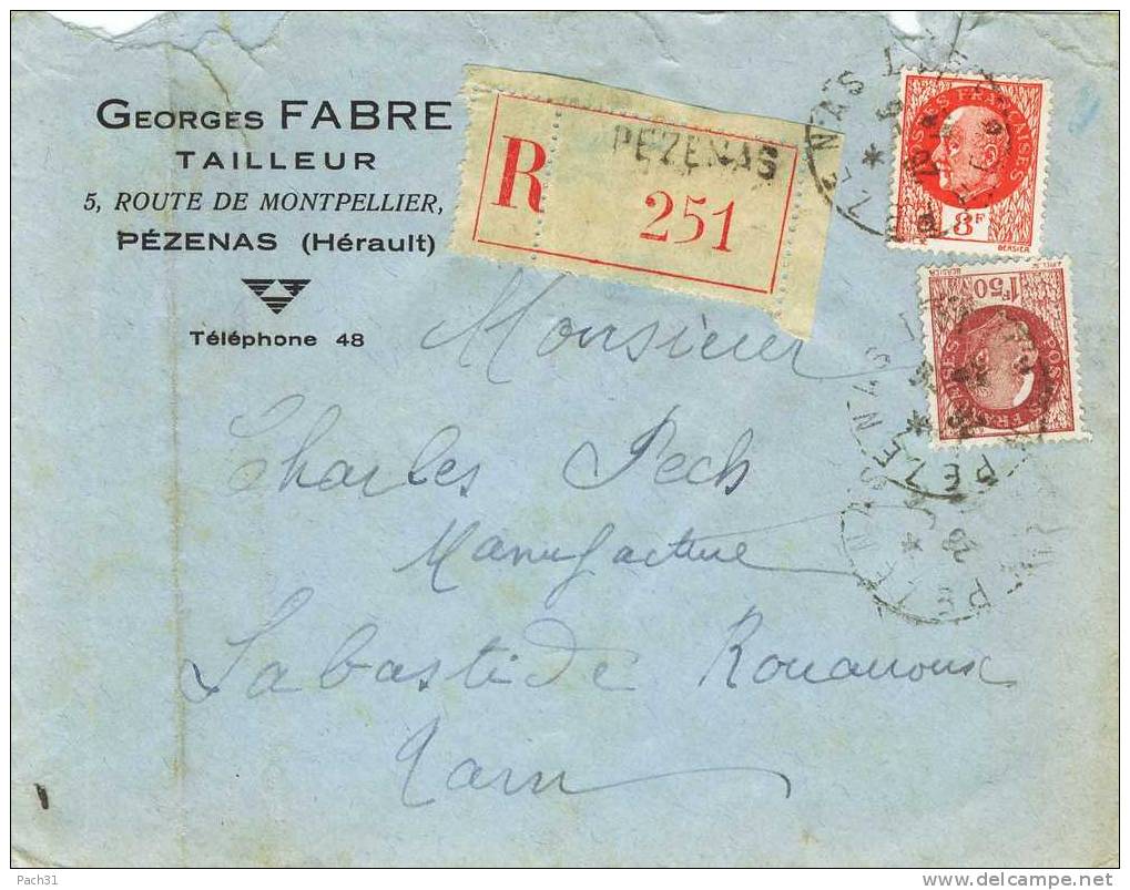 Lettre  Recommandée De Pezenas Herault Pour Labastide Rouairoux Tarn - Lettres & Documents