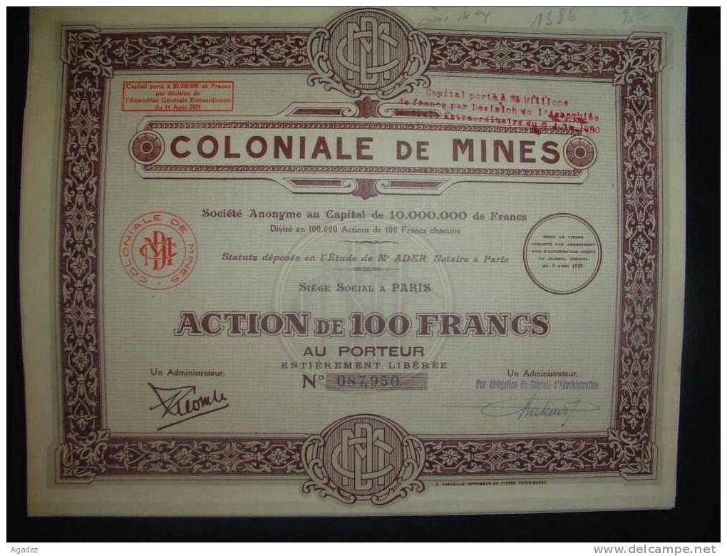 Share/Action " Coloniale De Mines " Paris 1929 Excellent état,avec Tous Les Coupons - Mines