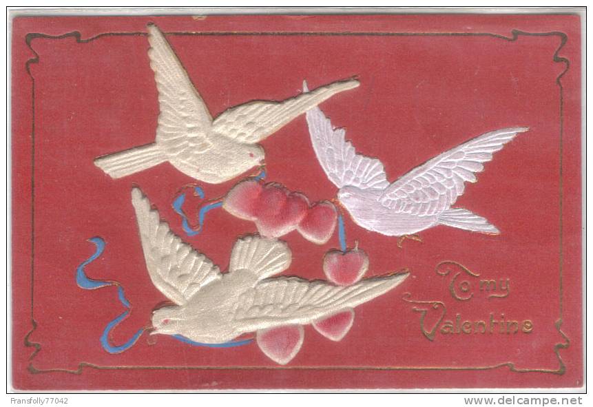 VALENTINE GREETING Three Doves And HEARTS  Heavily EMBOSSED 1908 - Valentine's Day