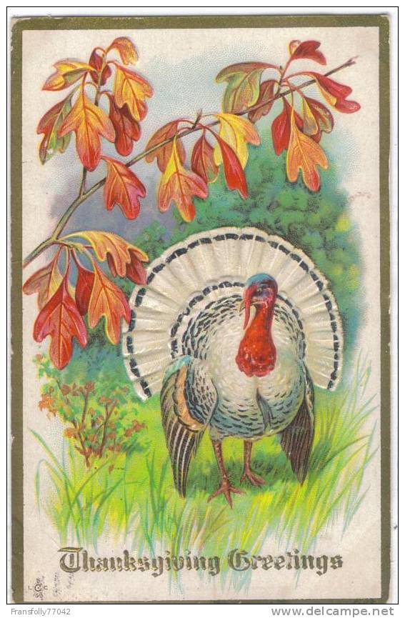 THANKSGIVING GREETING Turkey & Fall Leaves EMBOSSED 1914 - Thanksgiving