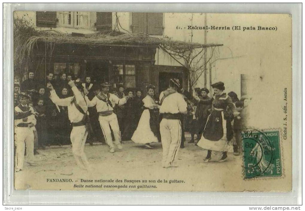 PAYS BASQUE(64)1908-FANDANGO-animée-circulée-cachet De ASCAIN(64)-texture Photo - Ascain