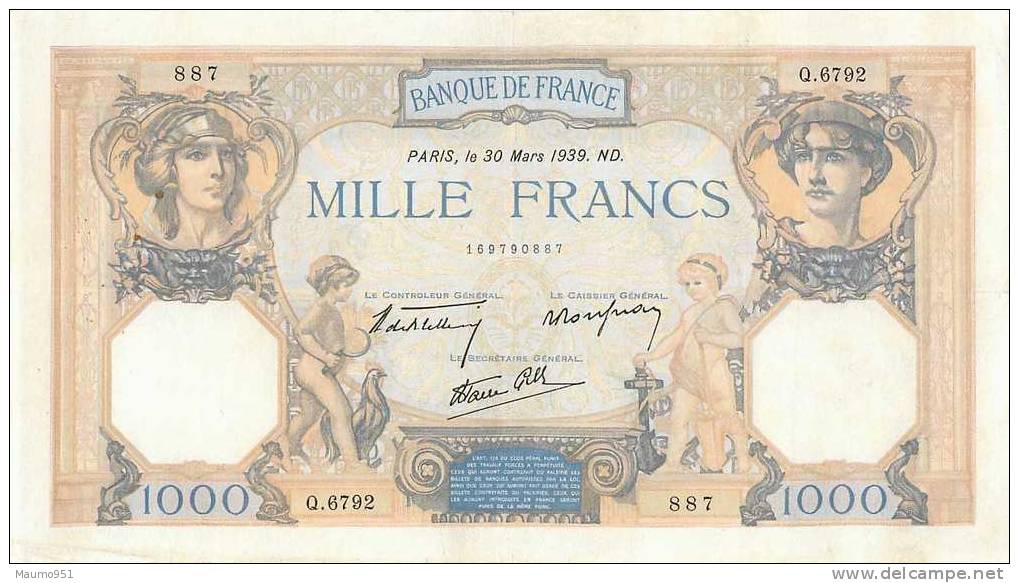 1000 FRANCS - ETAT STANDARD - 1 000 F 1927-1940 ''Cérès Et Mercure''