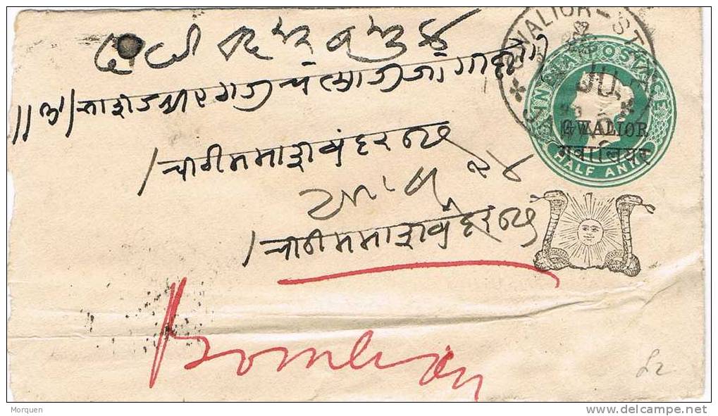 1556. Carta Entero Postal GWALIOR State 1895 A Bombay - Gwalior