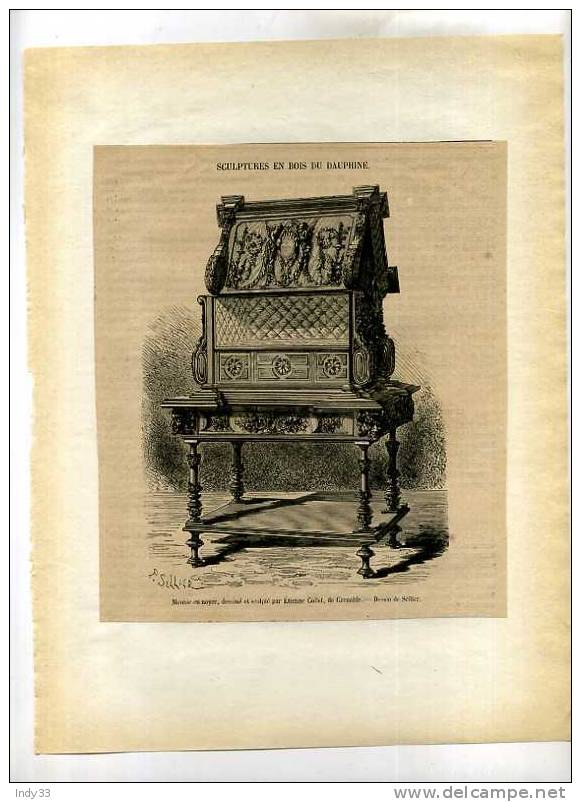 - MEUBLE EN NOYER DE GRENOBLE .  DAUPHINE . GRAVURE SUR BOIS DU XIXe S. DECOUPEE ET COLLEE SUR PAPIER - Sonstige & Ohne Zuordnung