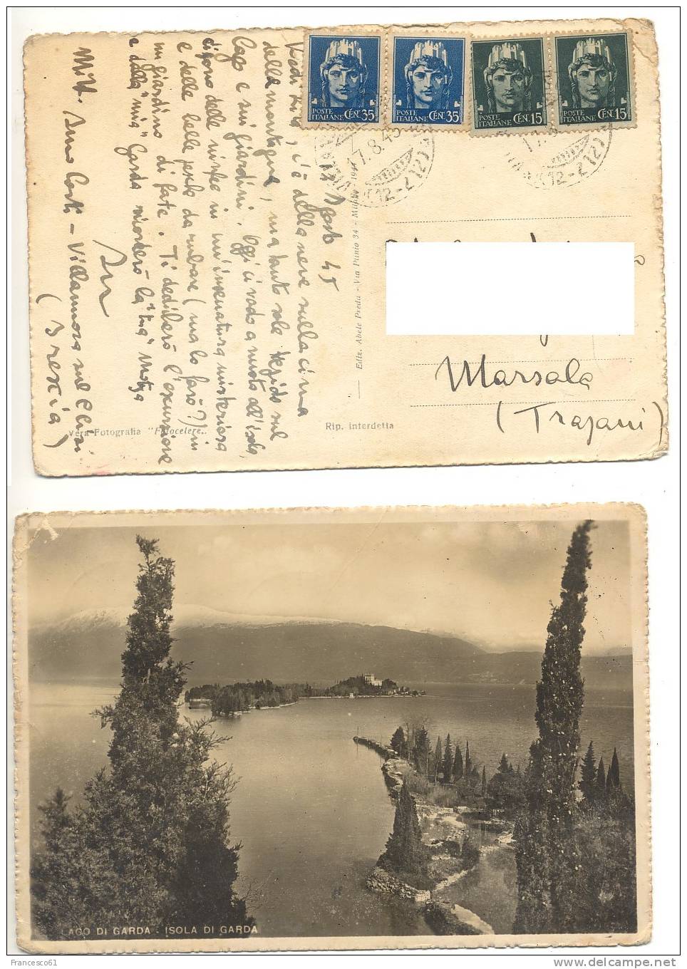 $$$71 LUOGOTENENZA 1945-8-17 Imperiale Con Fasci 35+15 C Coppie Cartolina Illustrata Villamora Sul Clisi BS X Marsala - Marcophilie