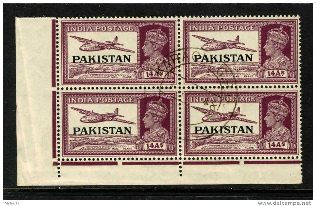 PAKISTAN - 1947 DEFINITIVE 14A PURPLE IN CORNER MARGIN BLOCK OF 4 FINE USED CTO - Pakistan