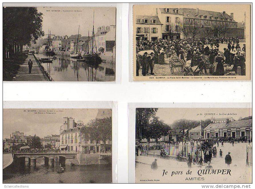 Quimper....Lot De 4 CP .La Gare, Je Pars De..,Marché Pommes De Terre Pl.St Mathieu,les Quais;la Poste - Quimper