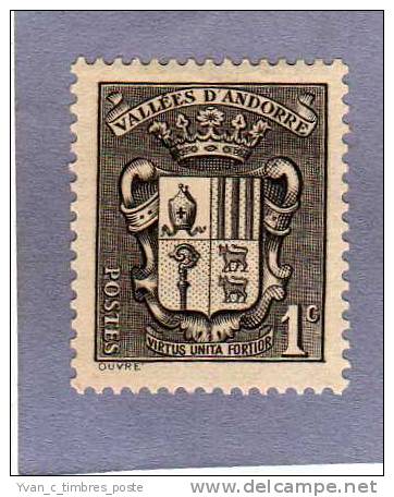 ANDORRE FRANCAIS TIMBRE N° 47 NEUF CHARNIERE ARMOIRIES DES VALLEES 1C NOIR - Nuevos