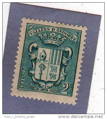 ANDORRE FRANCAIS TIMBRE N° 48 NEUF CHARNIERE ARMOIRIES DES VALLEES 2C BLEU - Unused Stamps