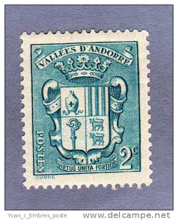 ANDORRE FRANCAIS TIMBRE N° 48 NEUF CHARNIERE ARMOIRIES DES VALLEES 2C BLEU - Nuevos