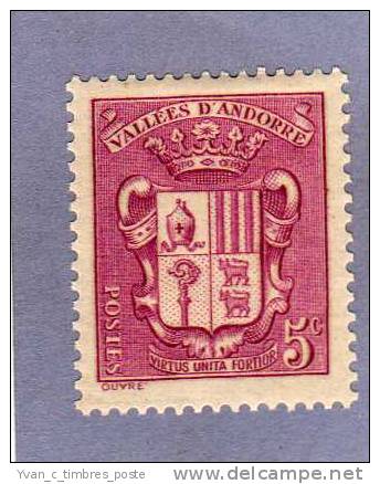 ANDORRE FRANCAIS TIMBRE N° 50 NEUF CHARNIERE ARMOIRIES DES VALLEES 5C ROSE LILAS - Ungebraucht