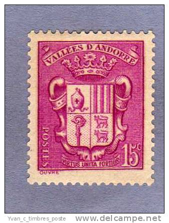 ANDORRE FRANCAIS TIMBRE N° 52 NEUF CHARNIERE ARMOIRIES DES VALLEES 15C LILAS - Ungebraucht