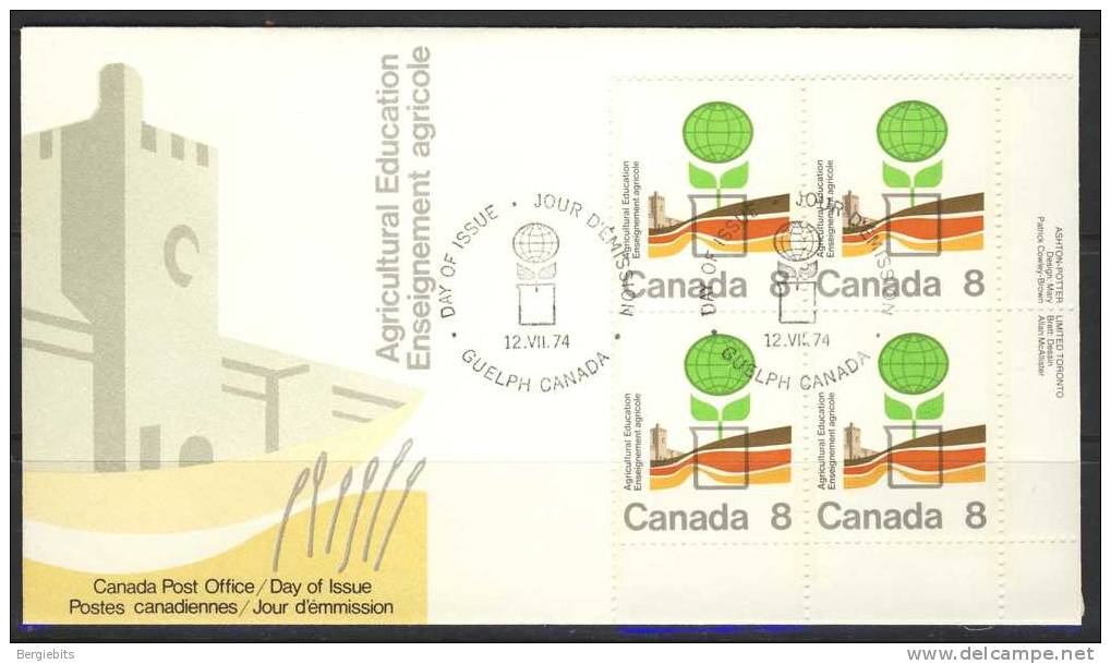 1974 Canada   Unaddressed Setenant Plate Block Of 4 " AGRICULTURE " On  Cachet  Official Post Office First Day Cover - 1971-1980