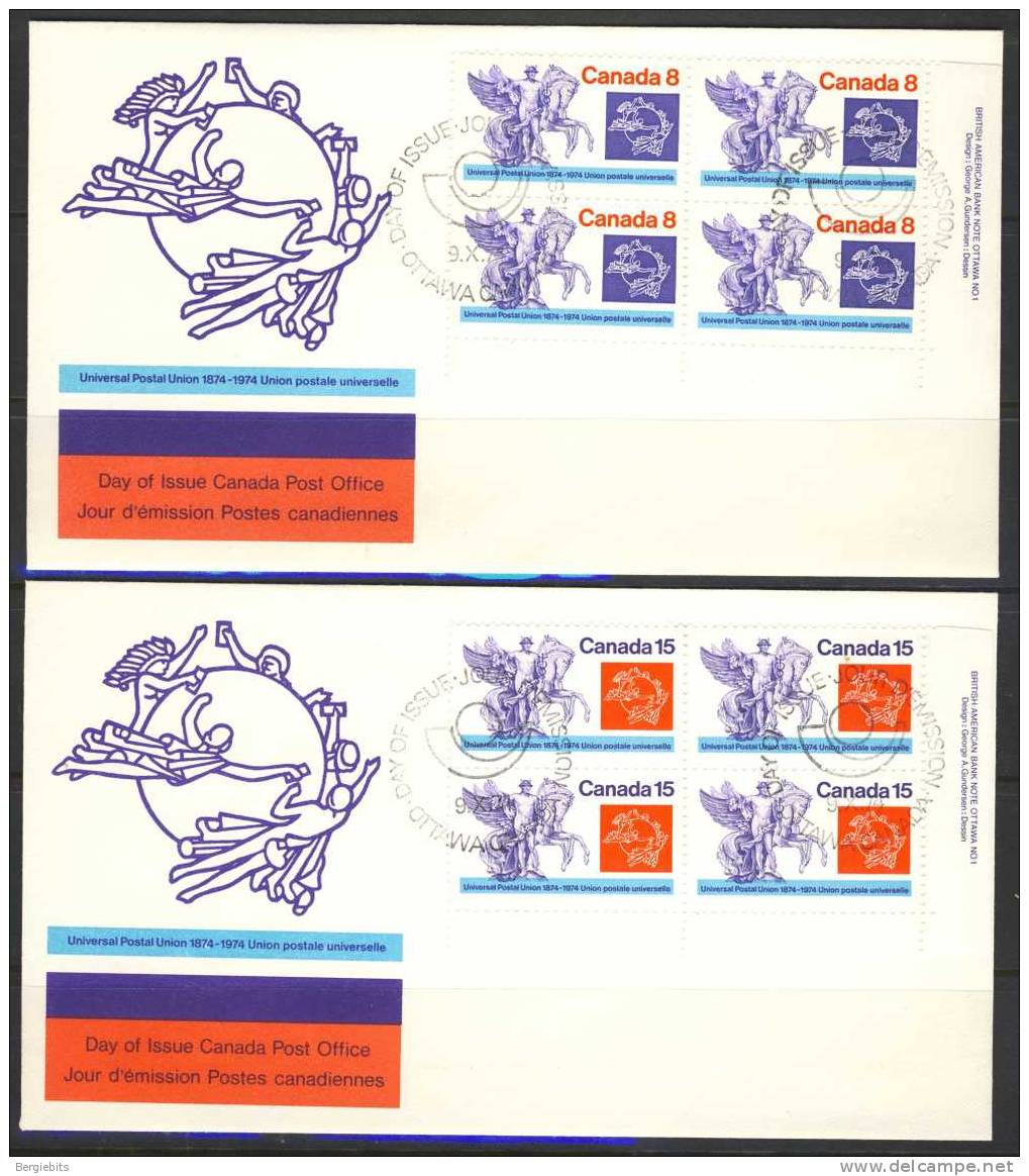 1974 Canada Unaddressed Plate Block Of 4 " UPU " On 2 Cachet  Official Post Office First Day Covers - 1971-1980