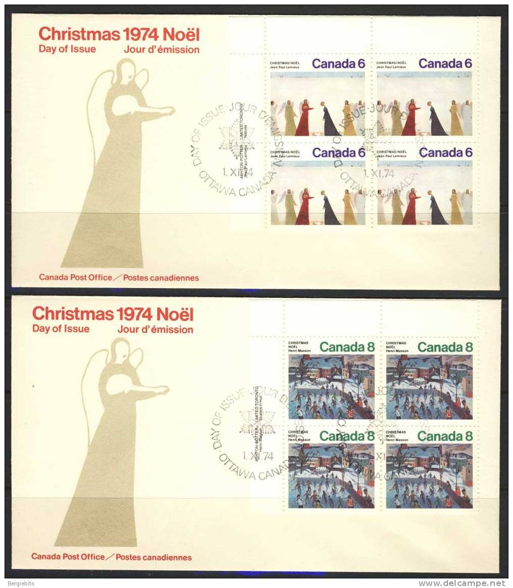 1974 Canada Unaddressed Plate Block Of 4 " CHRISTMAS " On 4 Cachet  Official Post Office First Day Covers - 1971-1980