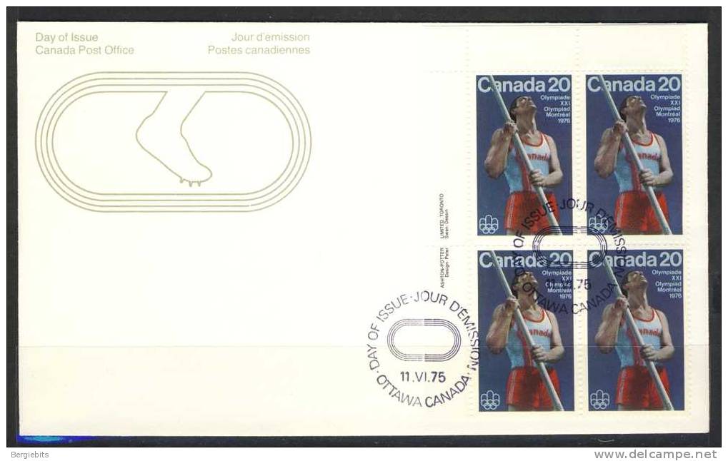 1975 Canada Unaddressed Plate Block Of 4 " #1 TRACK &* FIELD SPORTS " On Cachet  Official Post Office First Day Covers - 1971-1980