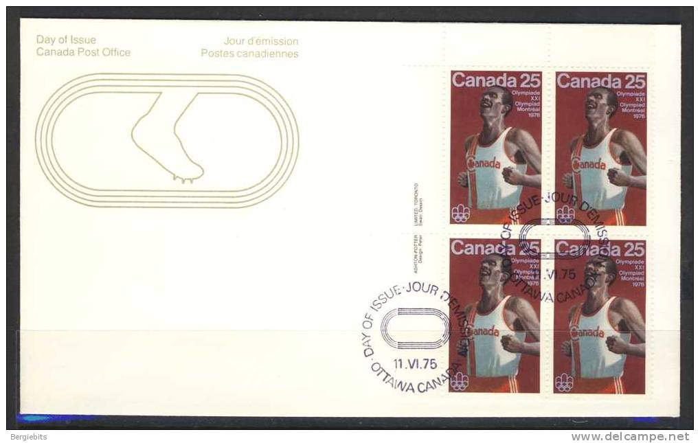 1975 Canada Unaddressed Plate Block Of 4 " #2 TRACK &* FIELD SPORTS " On Cachet  Official Post Office First Day Covers - 1971-1980