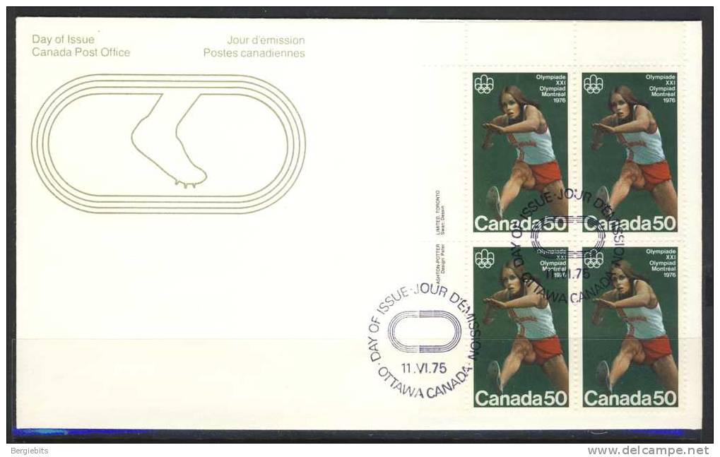 1975 Canada Unaddressed Plate Block Of 4 " #3 TRACK &* FIELD SPORTS " On Cachet  Official Post Office First Day Covers - 1971-1980