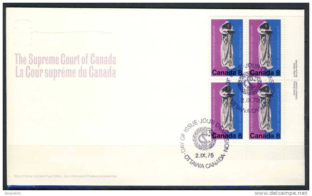 1975 Canada  Unaddressed Plate Block Of 4 " SUPREME COURT " On Cachet  Official Post Office First Day Covers - 1971-1980