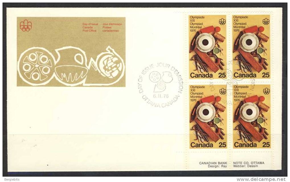 1975 Canada  Unaddressed Plate Block Of 4 "#2 OLYMPIC ARTS & CULTURE " On Cachet  Official Post Office First Day Covers - 1971-1980