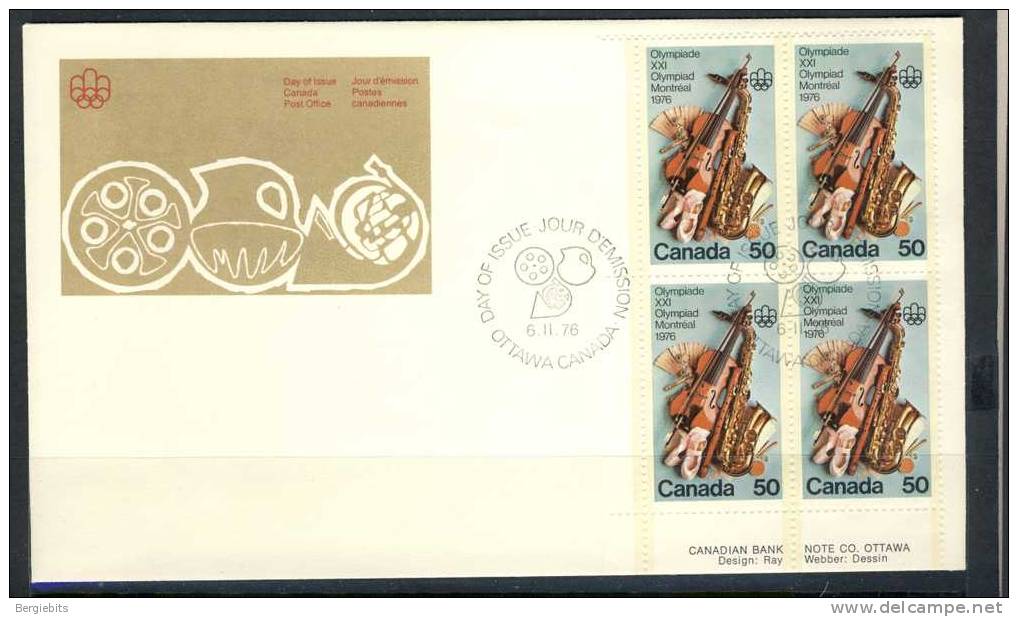 1975 Canada  Unaddressed Plate Block Of 4 "#3 OLYMPIC ARTS & CULTURE " On Cachet  Official Post Office First Day Covers - 1971-1980