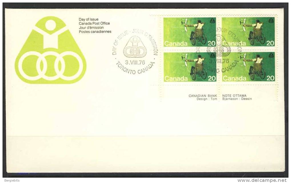 1976 Canada Cachet FDC With Plateblock Of 4 " HANDICAPPED OLYMPICS"Official Post Office Issue. - 1971-1980