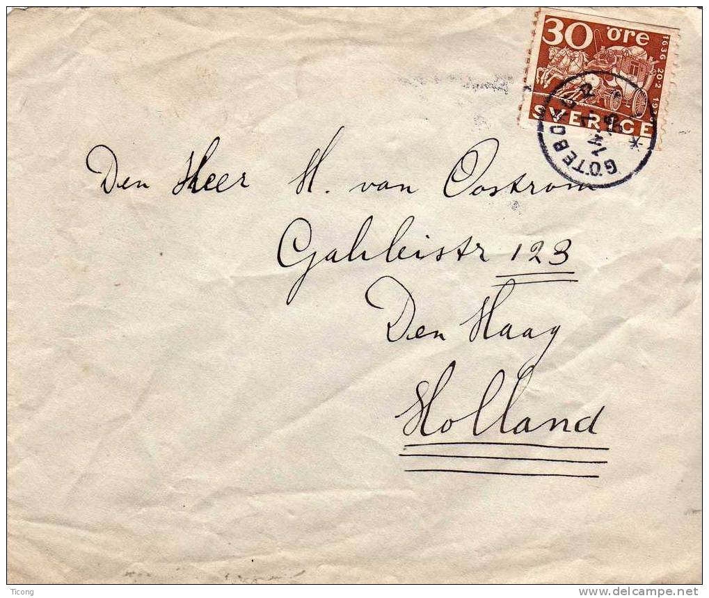 SUEDE 1936 - LETTRE AVEC LE NUMERO 240 MALLE POSTE, CENTENAIRE DES POSTES POUR DEN HAAG PAYS BAS - Lettres & Documents