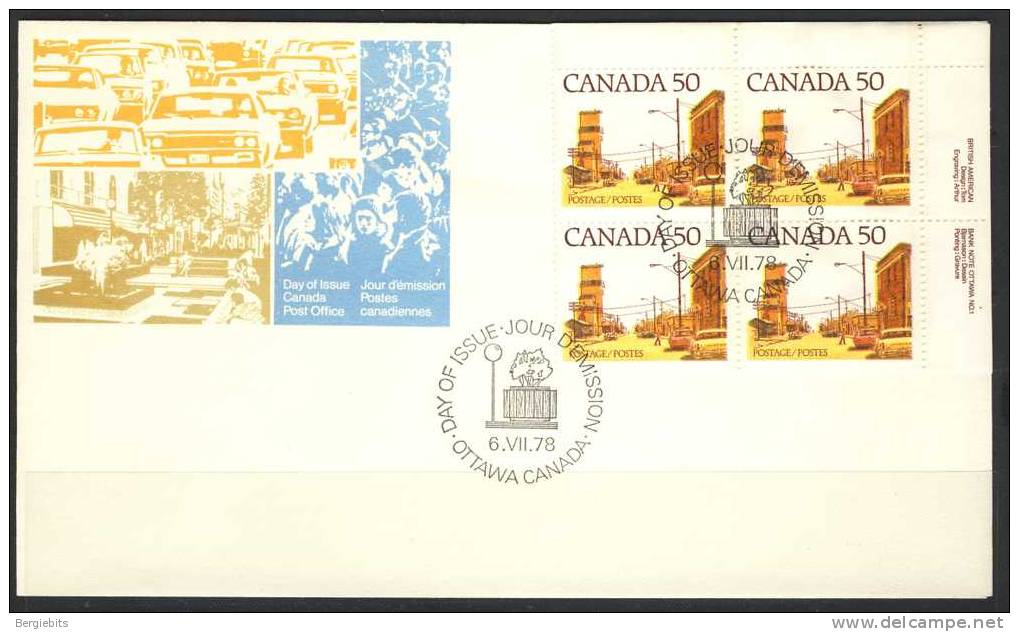 1977-82 CANADA Definitives FDC Plate Block Of 4 " 50 Cent Prairie Street Scene" Official Post Office Issue - 1971-1980