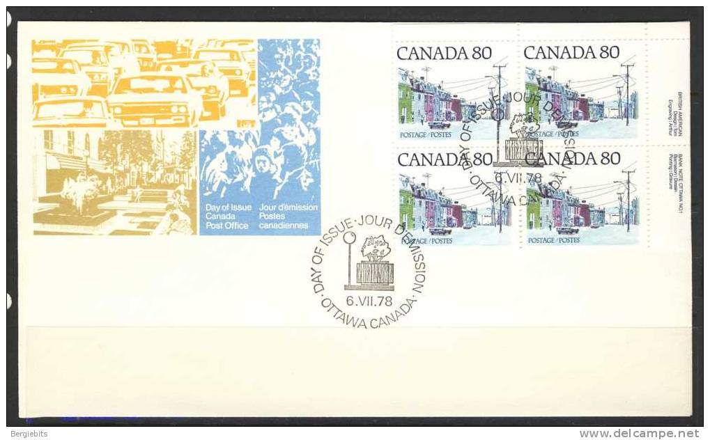 1977-82 CANADA Definitives FDC Plate Block Of 4 " 80 Cent Maritime Street Scene" Official Post Office Issue - 1971-1980