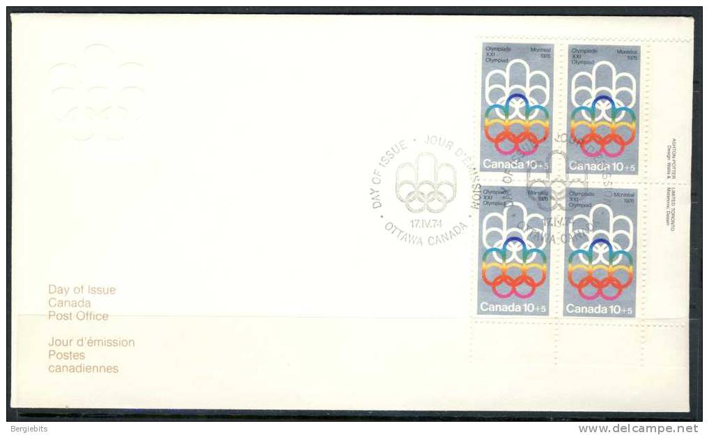 1974 Canada Cachet  FDC Semipostal Plate Block Of 4   " # 2 Olympic Symbols " Official Post Office Issue - 1971-1980