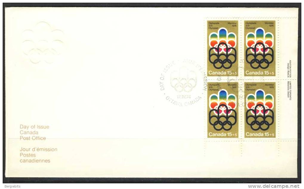 1974 Canada Cachet  FDC Semipostal Plate Block Of 4   " # 3 Olympic Symbols " Official Post Office Issue - 1971-1980