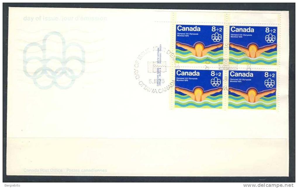 1975 Canada Cachet  FDC Semipostal Plate Block Of 4   " # 1 Olympic Water Sports " Official Post Office Issue - 1971-1980