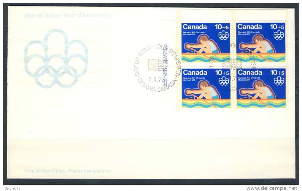 1975 Canada Cachet  FDC Semipostal Plate Block Of 4   " # 2 Olympic Water Sports " Official Post Office Issue - 1971-1980