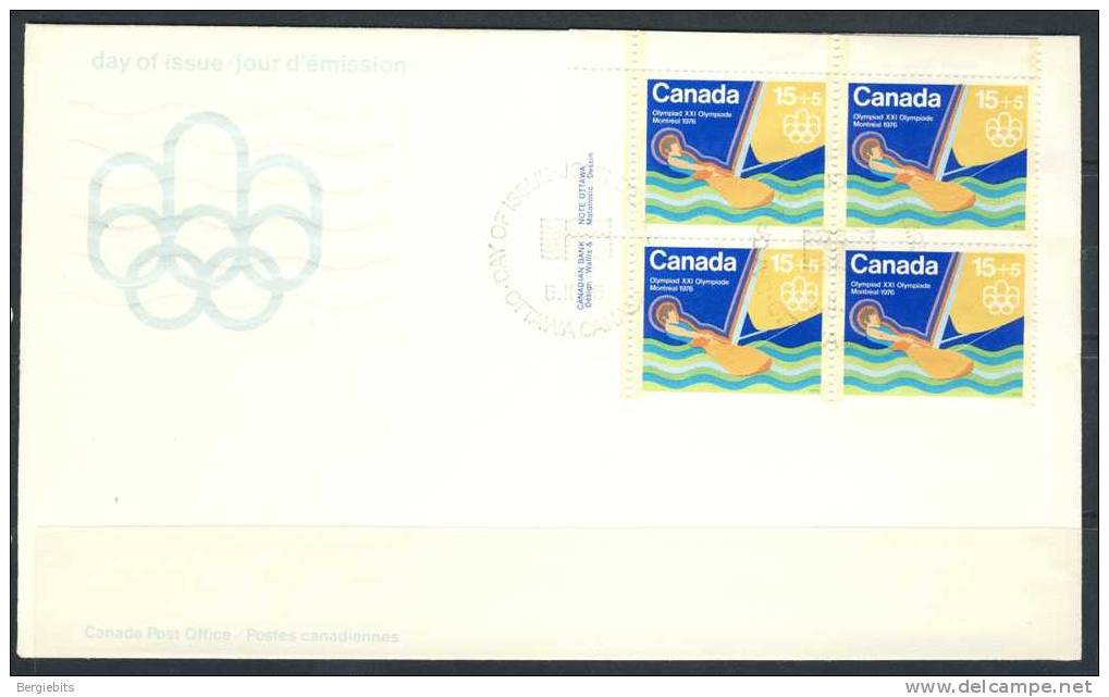 1975 Canada Cachet  FDC Semipostal Plate Block Of 4   " # 3 Olympic Water Sports " Official Post Office Issue - 1971-1980