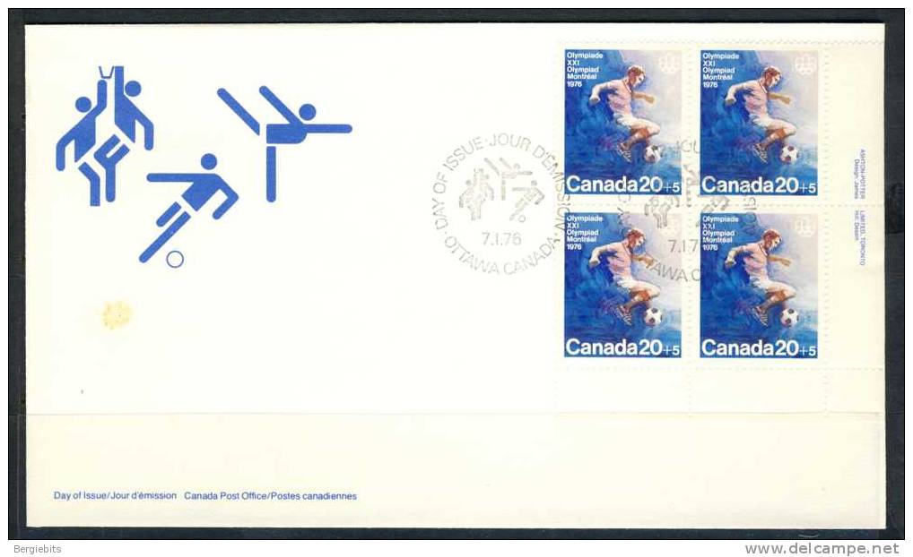 1976 Canada Cachet  FDC Semipostal Plate Block Of 4   " # 3 Olympic Team Sports " Official Post Office Issue - 1971-1980