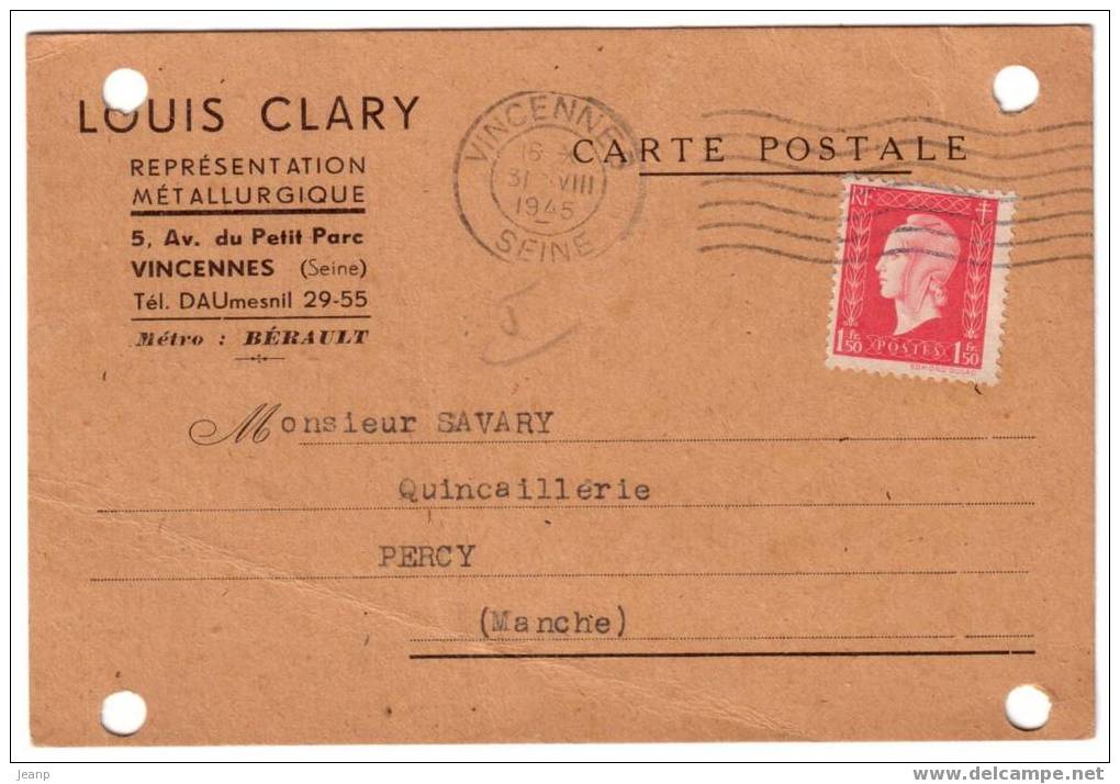 Dulac 1f50 Groseille Yvert 694 Seul Sur Carte Postale Non Illustrée, Bonne Date, Tarif Du 1-3-45 - 1944-45 Marianne Of Dulac