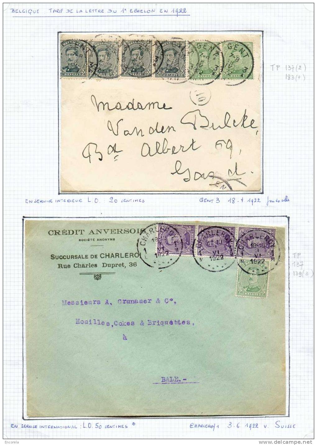 Tarif De La Lettre Du 1er échelon En 1922 Sur 2 Lettres  : N°137(2)-138(4) Sc GENT 3 Du 18..1922 Vers Gand + N°137-139(3 - 1915-1920 Albert I