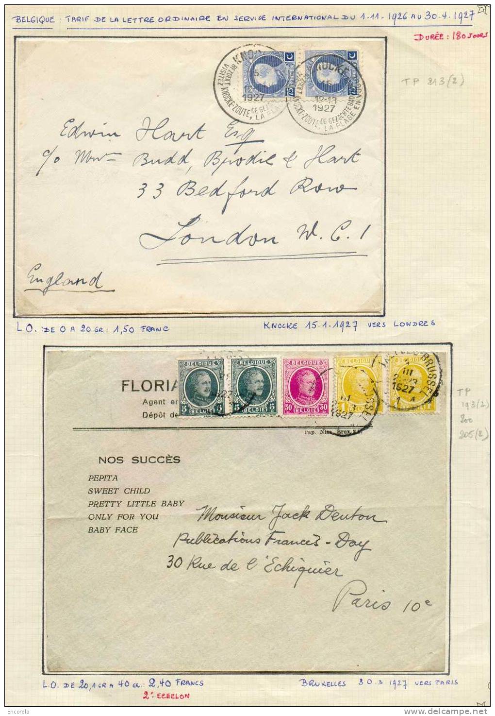 Tarif De La Lettre Du 1er échelon En Service International Du 1-11-1926 Au 30--1927 Sur 2 Lettres  : N°213(2)  Sc Torist - 1915-1920 Albert I