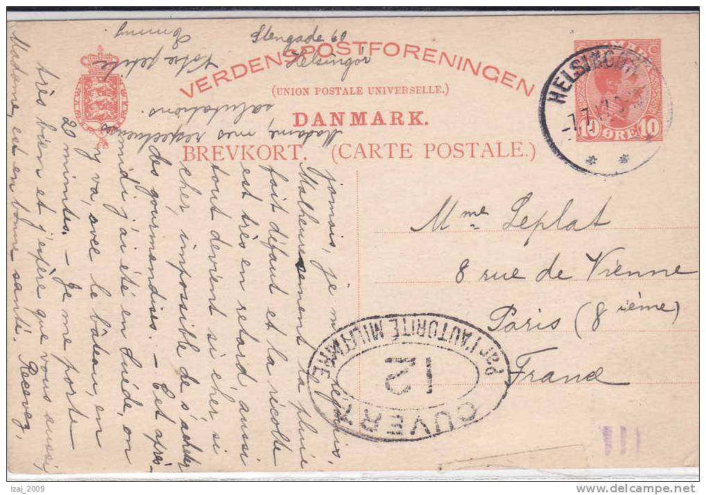 EP 10 öre HELSINGÖR 1.7.17 V.PARIS CENSURE FRANCAISE "12".TB. - Postal Stationery