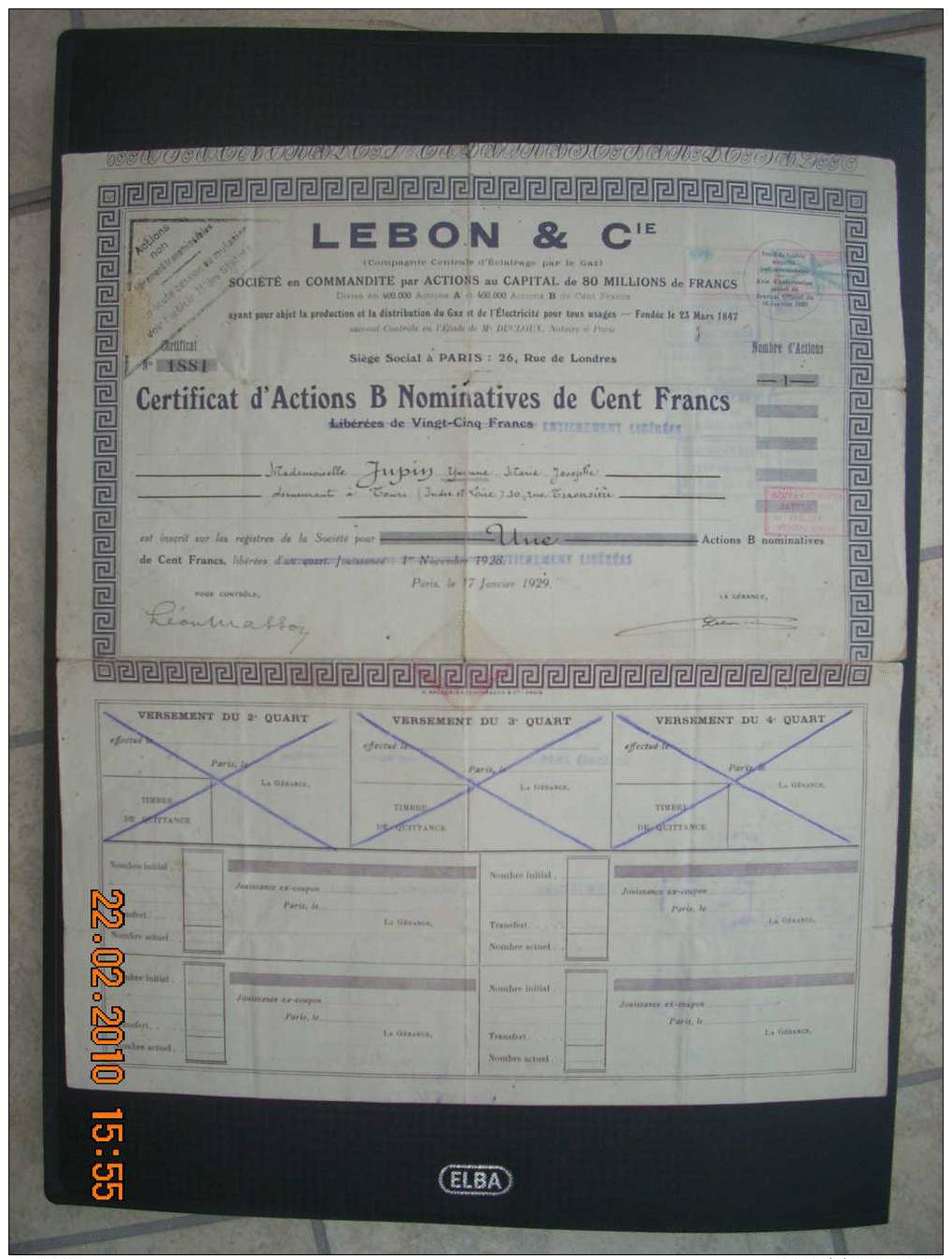 LEBON ET CIE   GAZ  ET ELECTRICITE   PARIS  1929 - Electricité & Gaz